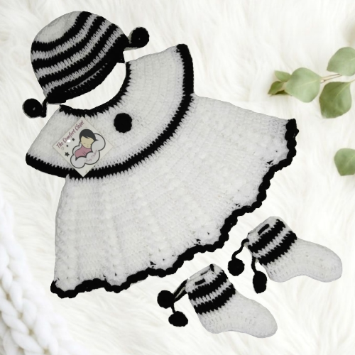 Woollen Casual wear Frock - White and Black