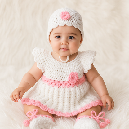 Baby Girl Handmade Woollen Frock with Cap and Booties. (Pink and White)