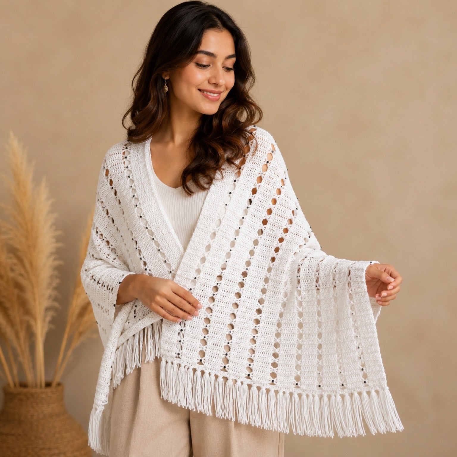 Handmade White Crochet Stole with Black Bead Detailing & Fringe - White - The Comfort Closet