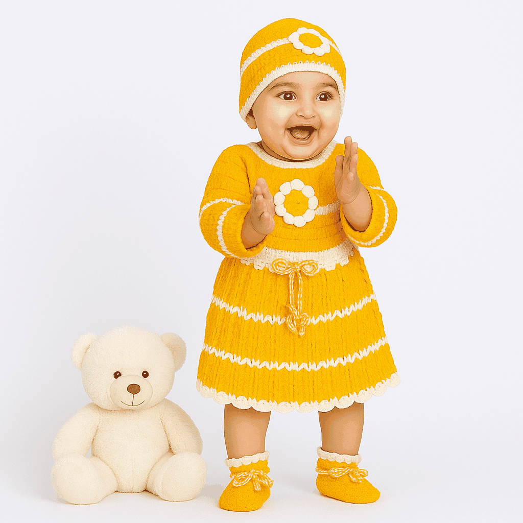 Hand-Knitted Baby Girl Frock Set with Cap & Socks - Yellow & White - The Comfort Closet