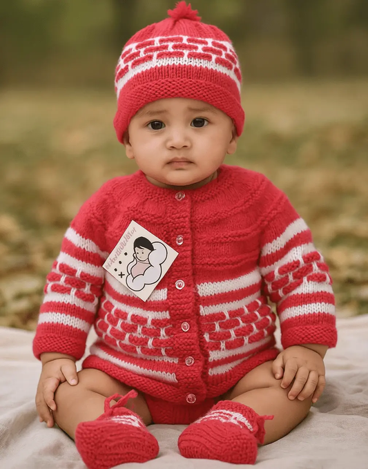 Hand-Knitted Box Design Baby Sweater Set with Cap & Socks - Multicolour - The Comfort Closet