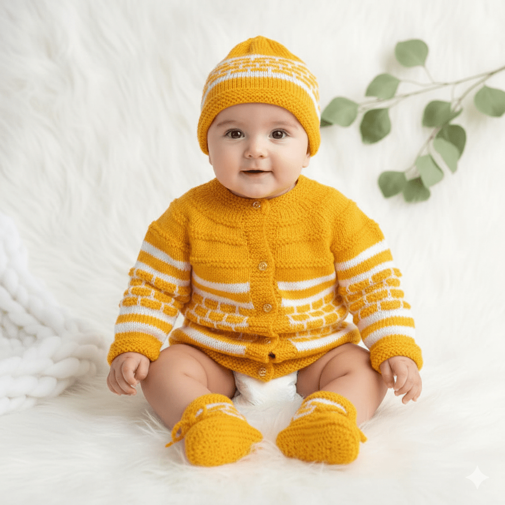Hand-Knitted Box Design Baby Sweater Set with Cap & Socks -Yellow & Whit - The Comfort Closet