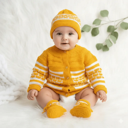 Hand-Knitted Box Design Baby Sweater Set with Cap & Socks -Yellow & White