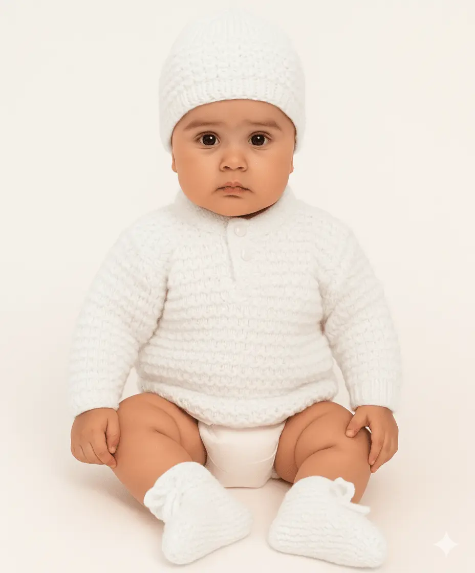 Hand-Knitted Collar Neck Acrylic Baby Sweater – White - The Comfort Closet