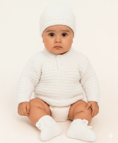 Hand-Knitted Collar Neck Acrylic Baby Sweater – White - The Comfort Closet
