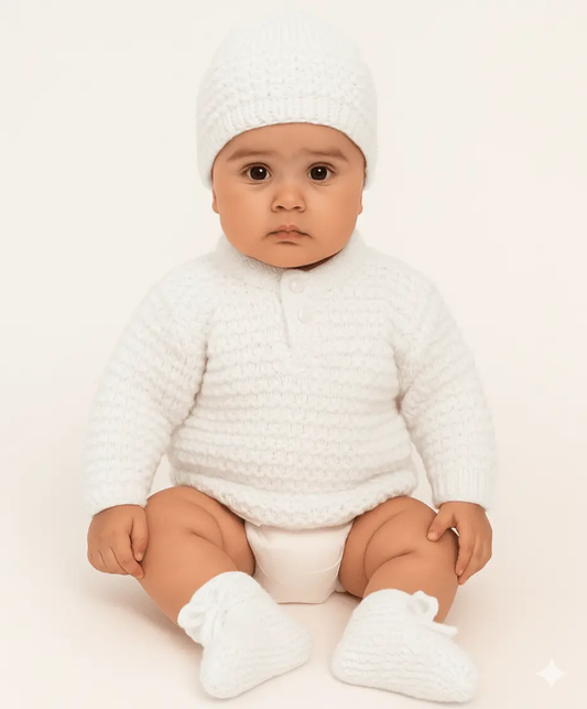 Hand-Knitted Collar Neck Acrylic Baby Sweater – White - The Comfort Closet