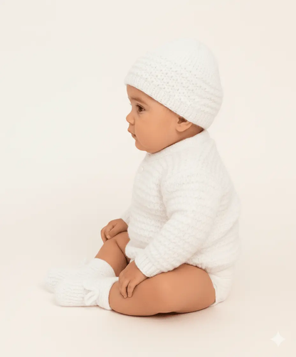 Hand-Knitted Collar Neck Acrylic Baby Sweater – White - The Comfort Closet