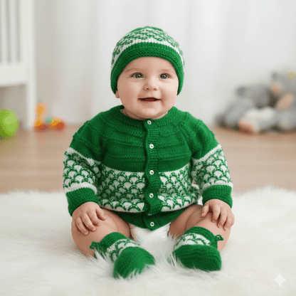 Hand Knitted Self Design Baby Sweater Set with Cap & Socks - Green & White - The Comfort Closet