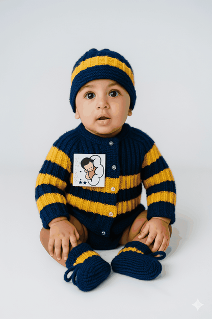 Hand-Knitted Striped Baby Sweater Set with Cap & Socks - Blue & Yellow - The Comfort Closet