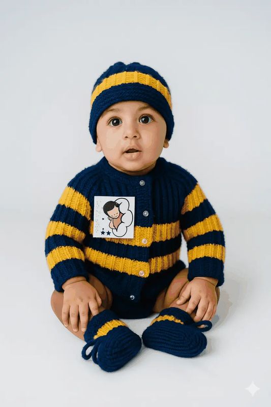Hand-Knitted Striped Baby Sweater Set with Cap & Socks - Blue & Yellow - The Comfort Closet