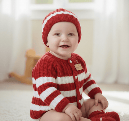 Hand-Knitted Striped Baby Sweater Set with Cap & Socks - Red & White - The Comfort Closet