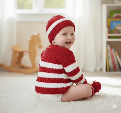 Hand-Knitted Striped Baby Sweater Set with Cap & Socks - Red & White - The Comfort Closet