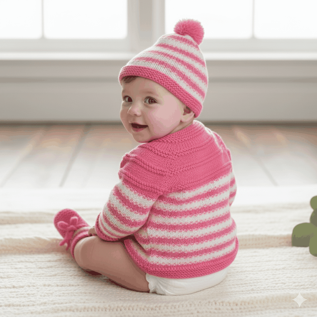 Hand-Knitted Sweater Set with Cap & Socks - Baby Pink - The Comfort Closet