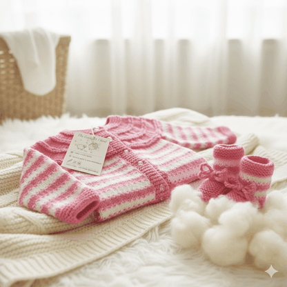 Hand-Knitted Sweater Set with Cap & Socks - Baby Pink - The Comfort Closet