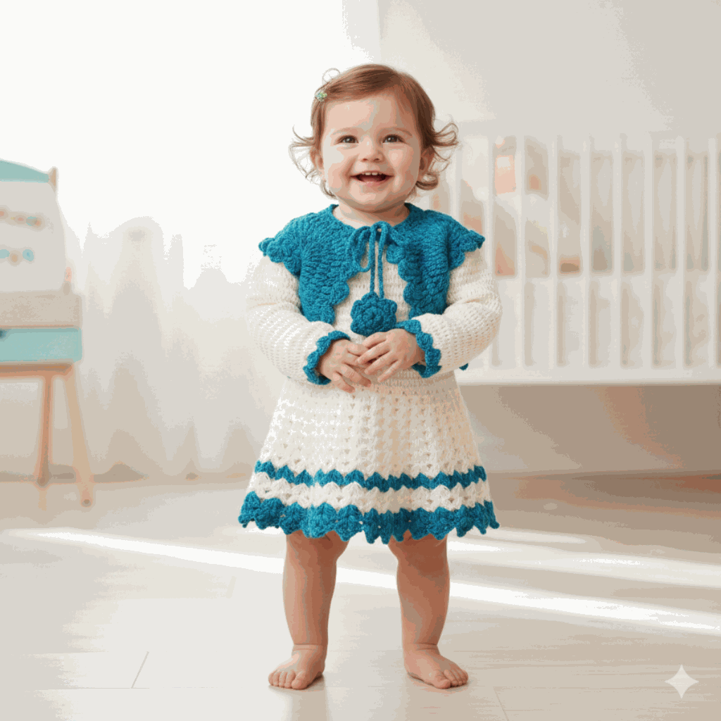 Handmade Baby Girl Frock with Jacket - Blue & Cream - The Comfort Closet