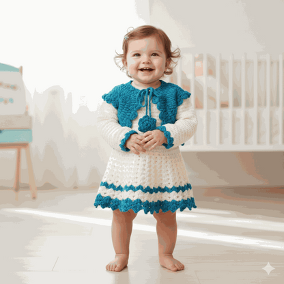 Handmade Baby Girl Frock with Jacket - Blue & Cream - The Comfort Closet