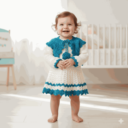 Handmade Baby Girl Frock with Jacket - Blue & Cream - The Comfort Closet