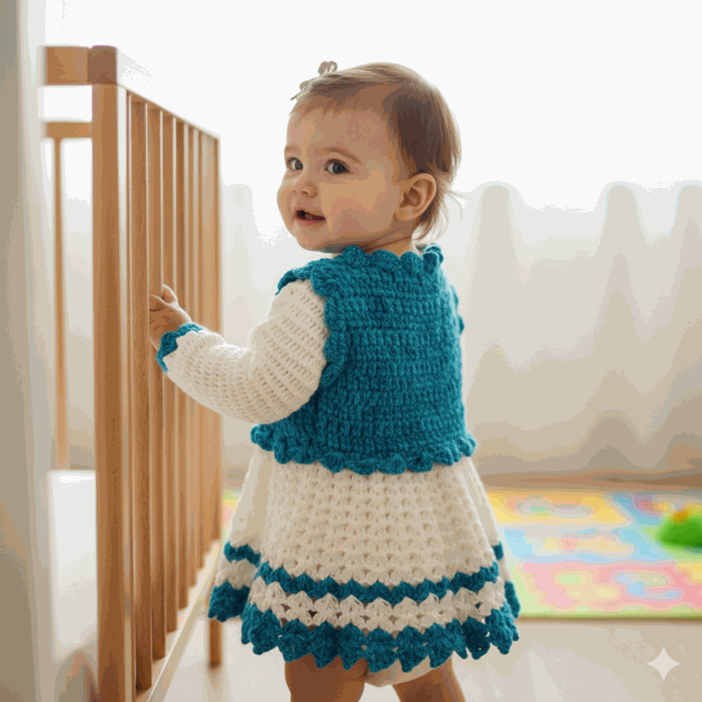 Handmade Baby Girl Frock with Jacket - Blue & Cream - The Comfort Closet