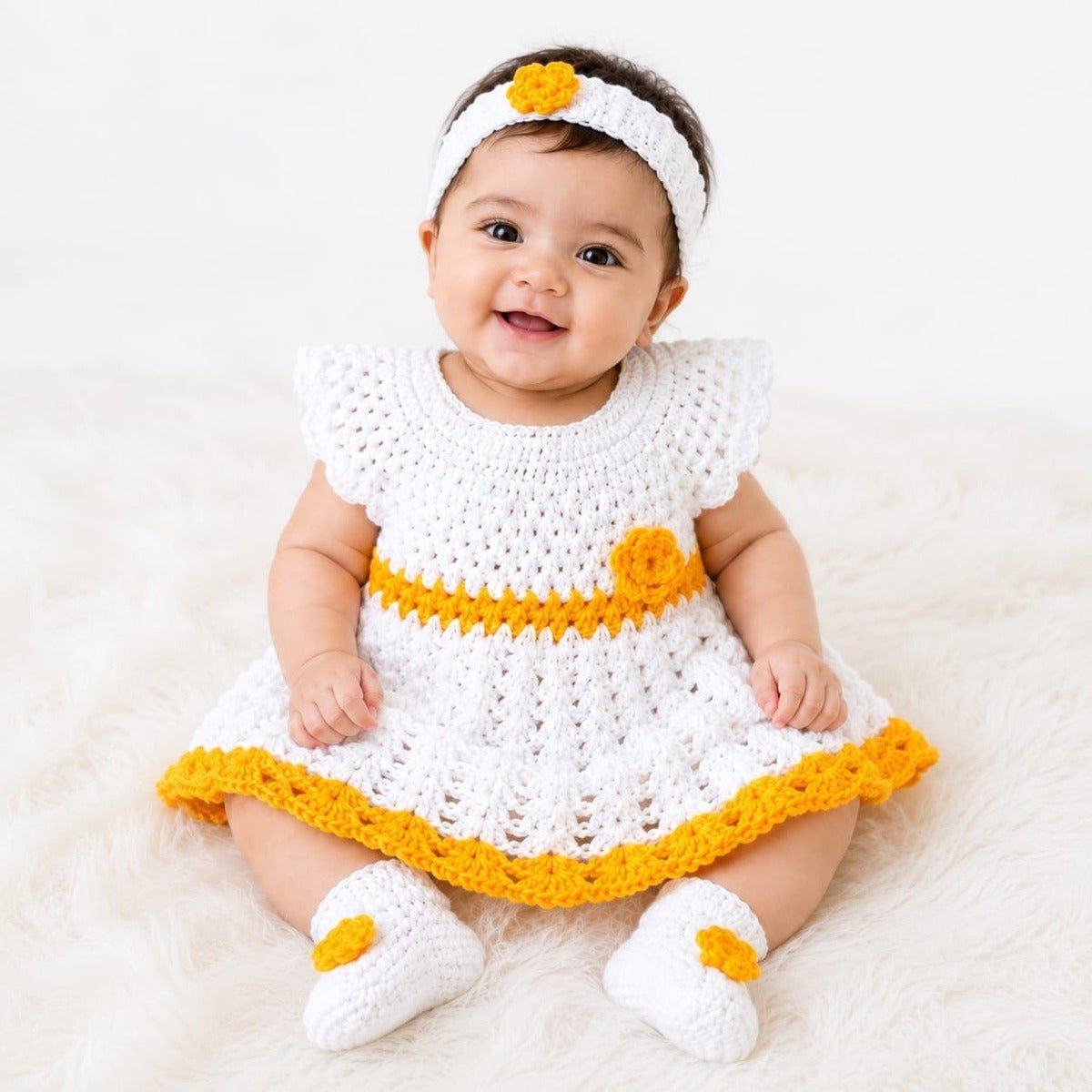 Handmade Crochet Baby Girl Frock - White & Yellow - The Comfort Closet