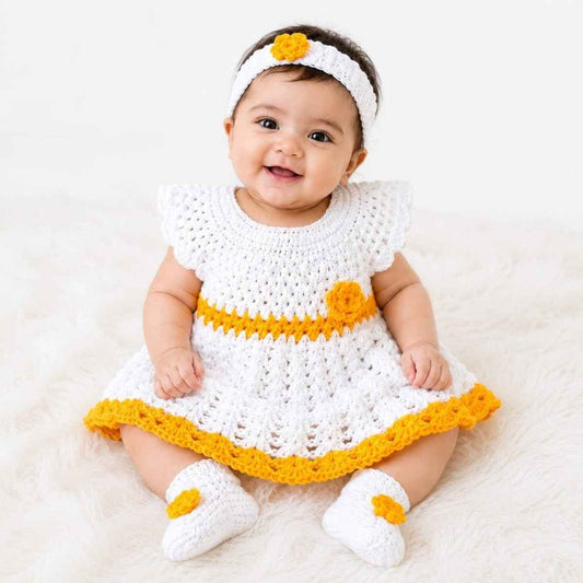 Handmade Crochet Baby Girl Frock - White & Yellow