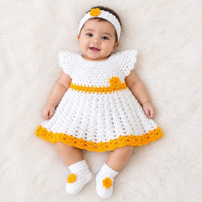 Handmade Crochet Baby Girl Frock - White & Yellow - The Comfort Closet