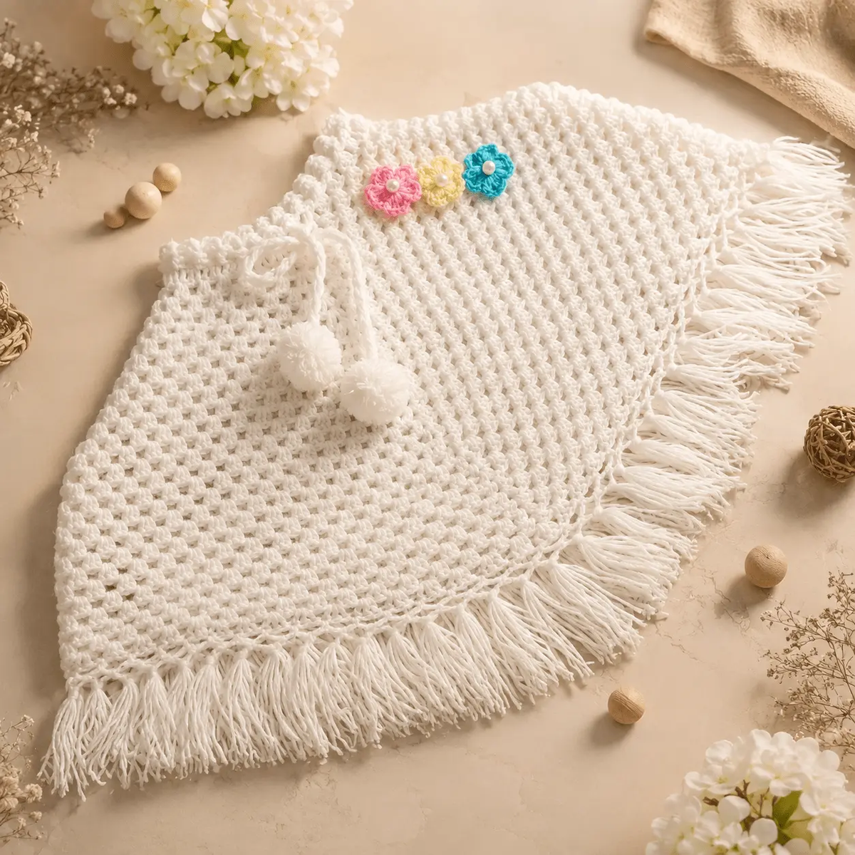 Handmade Crochet Floral Poncho for Girls – Acrylic Cape with Pom-Pom - The Comfort Closet