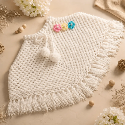 Handmade Crochet Floral Poncho for Girls – Acrylic Cape with Pom-Pom - The Comfort Closet