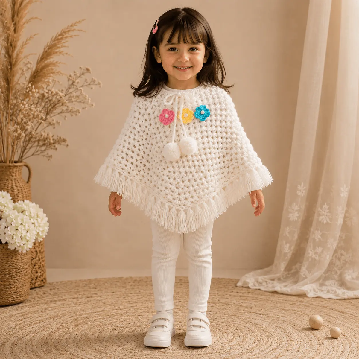 Handmade Crochet Floral Poncho for Girls – Acrylic Cape with Pom-Pom - The Comfort Closet