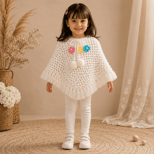 Handmade Crochet Floral Poncho for Girls – Woollen Cape with Pom-Pom - The Comfort Closet