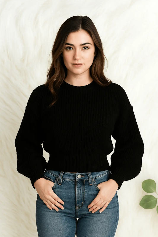 Handmade Soft-Knit Cropped Sweater for Women -Black - The Comfort Closet