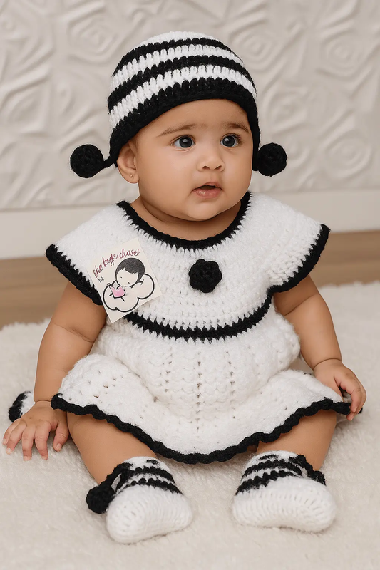 Handmade Woollen Casual Baby Frock - White & Black - The Comfort Closet
