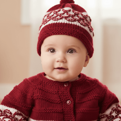 Knitted Baby Sweater Set with Cap & Socks - Red & White - The Comfort Closet