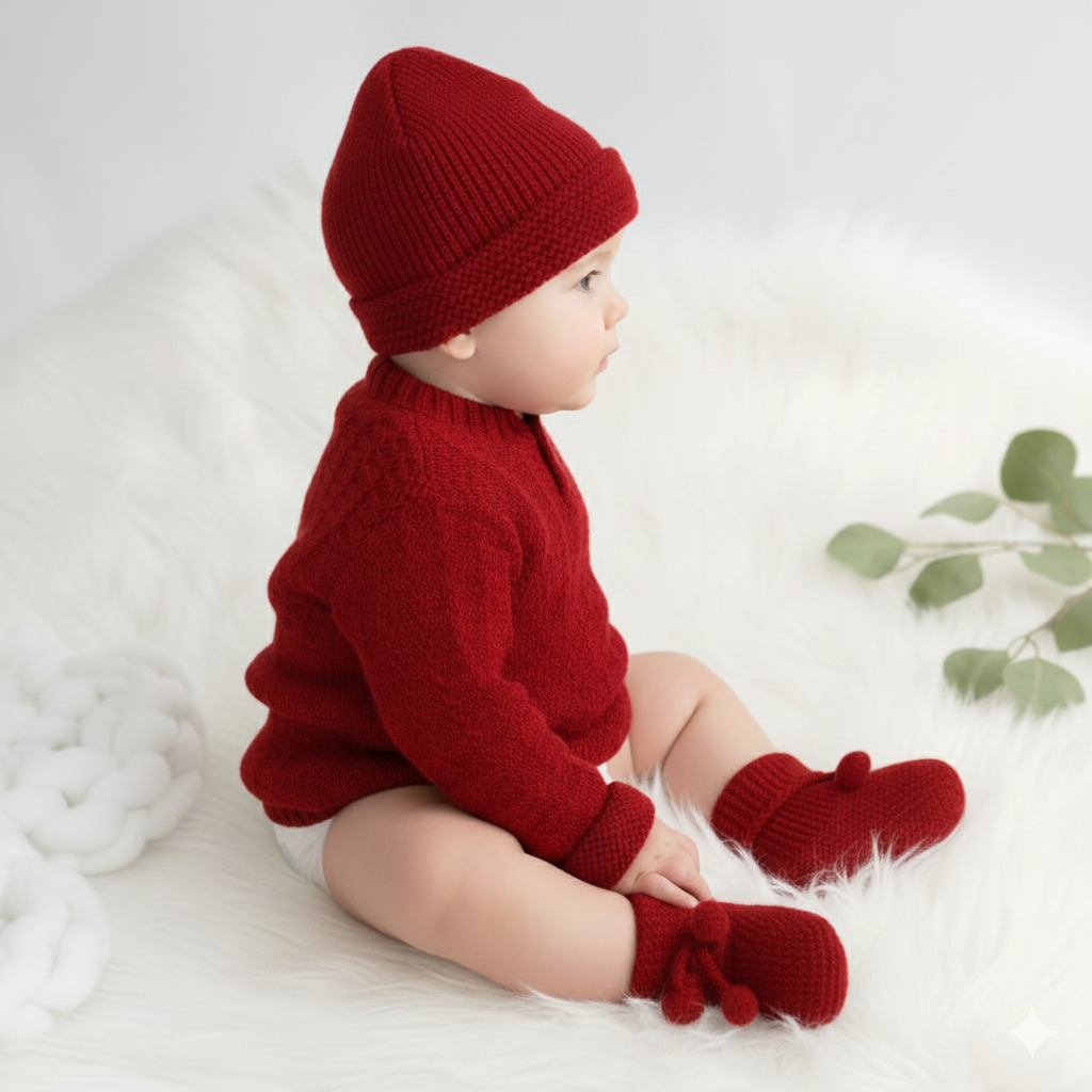 Hand knitted Self Design Sweater Set with Cap and Booties - Red