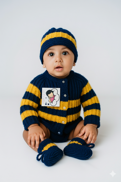 Hand Knitted Striped Sweater Set with Cap & Booties for Baby – Blue and Yellow
