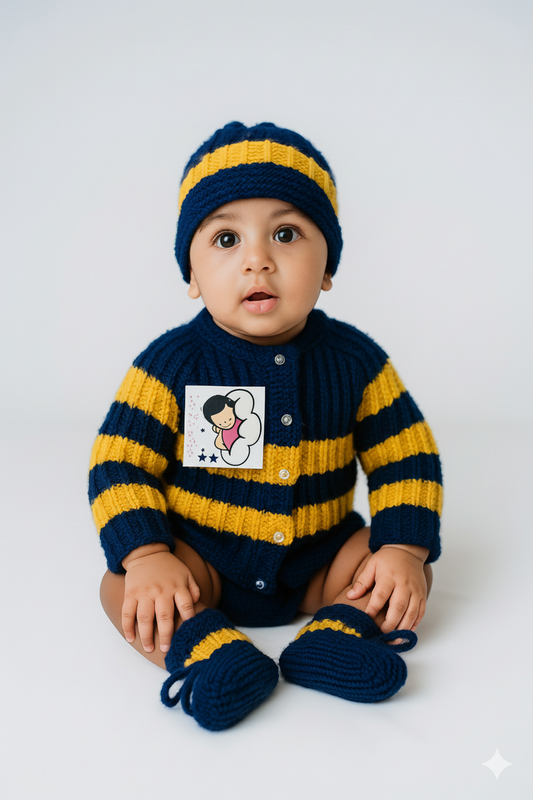 Hand Knitted Striped Sweater Set with Cap & Booties for Baby – Blue and Yellow