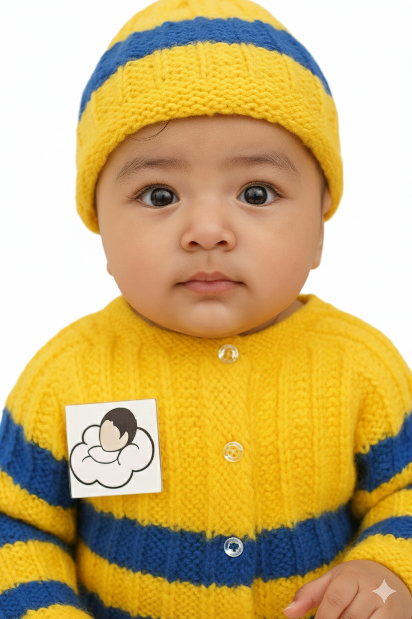 Hand knitted Striped Sweater Set with Cap and Booties - Yellow and Blue