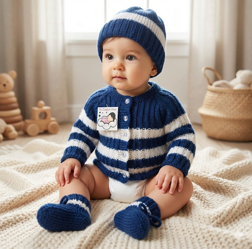 Hand Knitted Striped Sweater Set with Cap and Booties - Blue and White