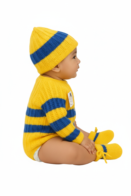 Hand knitted Striped Sweater Set with Cap and Booties - Yellow and Blue