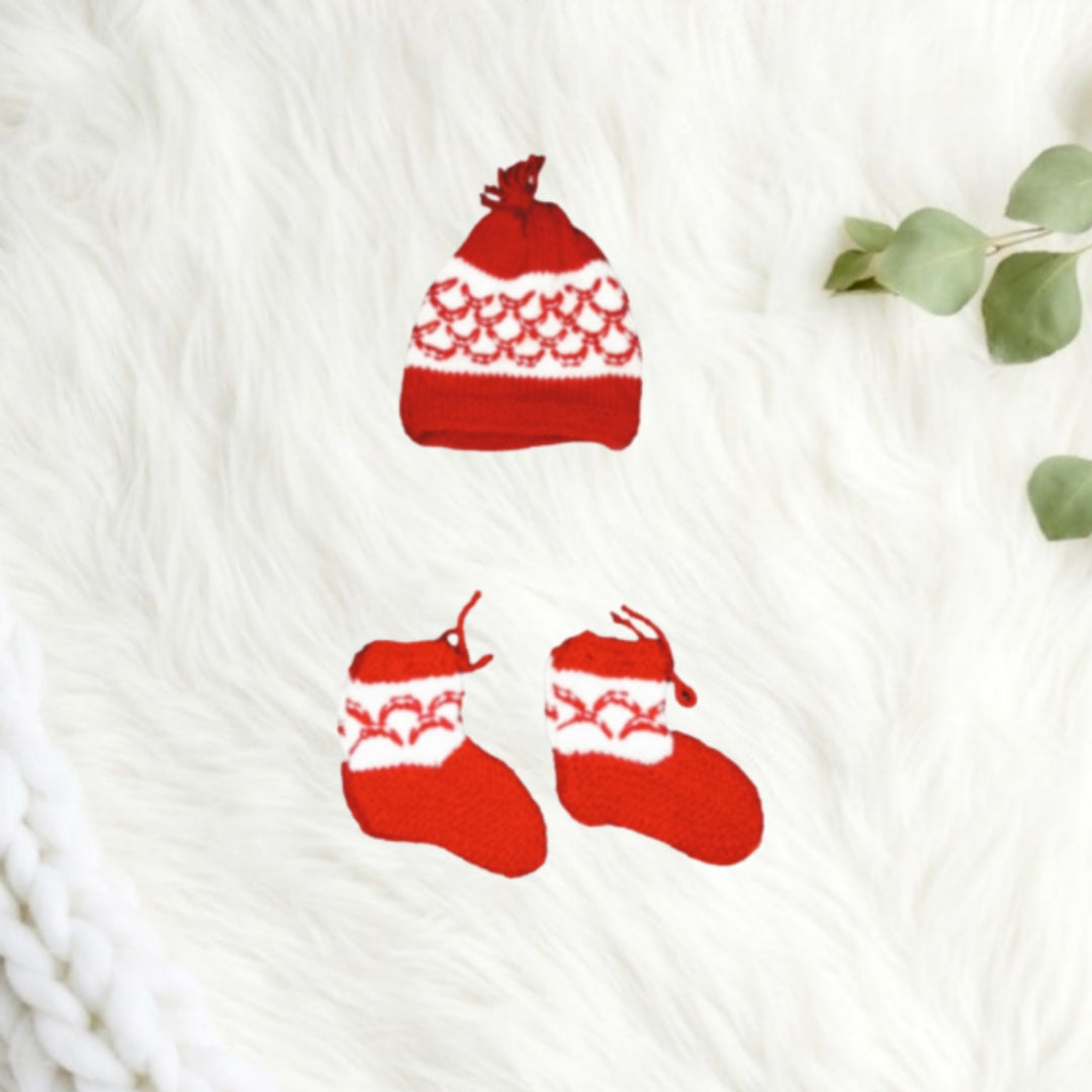 Knitted Self Design Sweater Set with Cap and Booties - Red and White