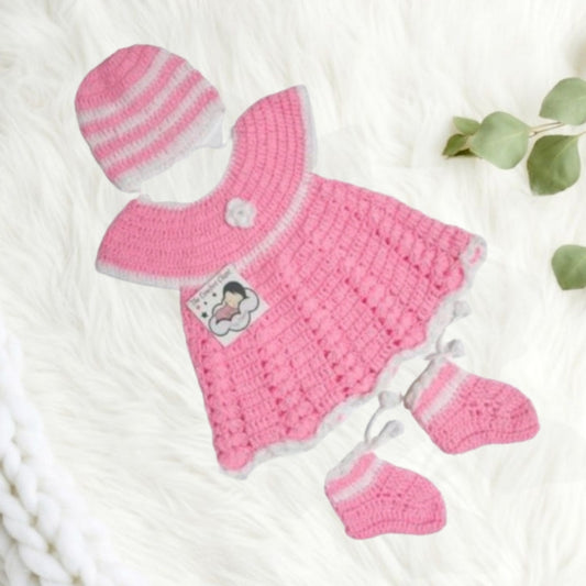 Handmade Crochet Frock with Cap and Booties - Pink and White