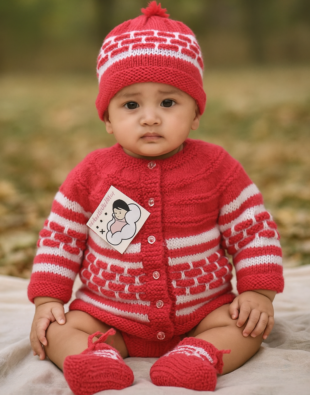 Hand knitted Box Design Sweater Set with Cap and Booties - Multicolour
