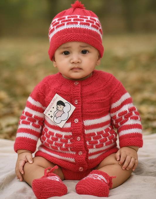 Hand knitted Box Design Sweater Set with Cap and Booties - Multicolour