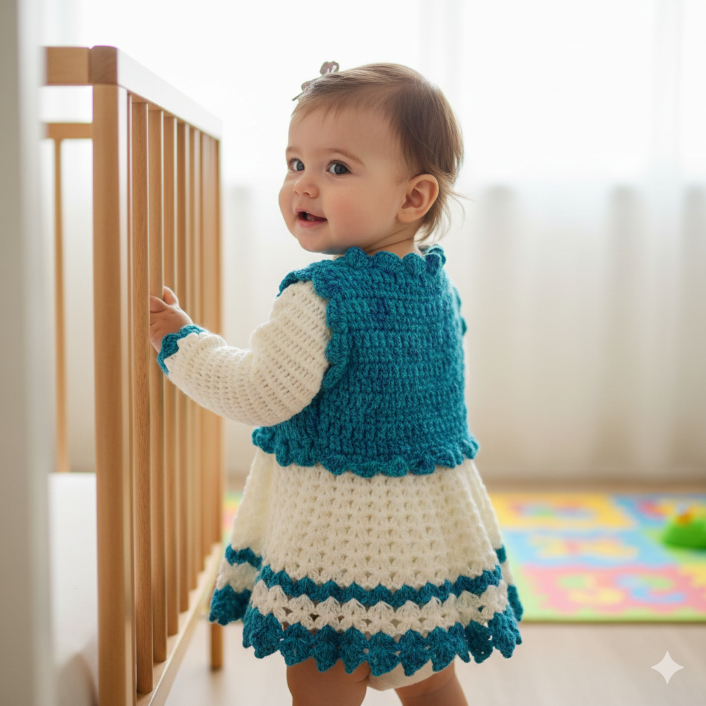 Baby Girl Full Sleeves Frock with Jacket - Blue and Cream