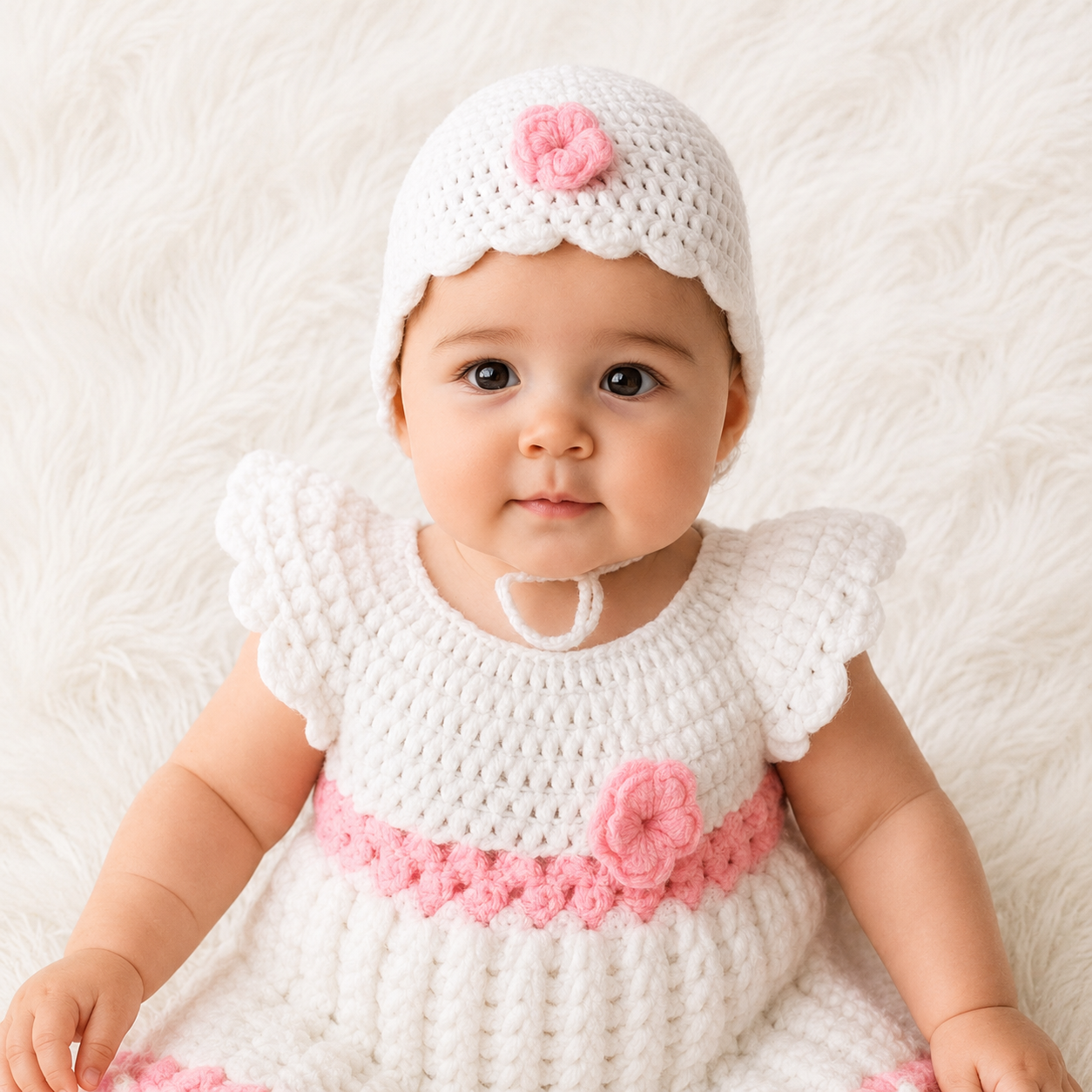 Handmade pink and white woollen frock set for baby girl with cap and booties