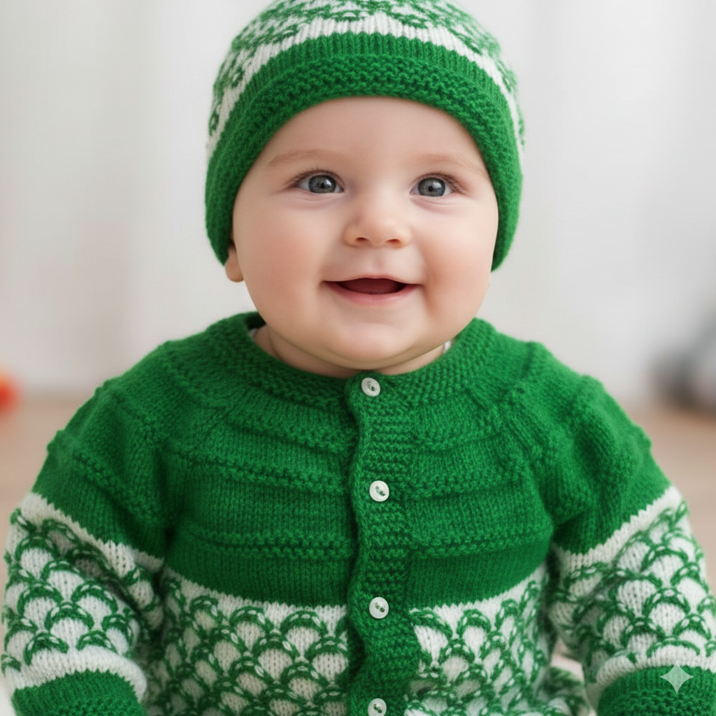 Knitted Self Design Sweater Set with Cap and Booties - Green and White