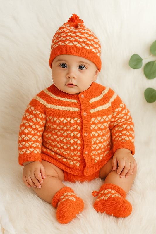 Snug and Stylish Katori Design Sweater Set with Cap and Booties - Orange