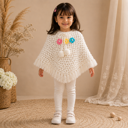 Handmade Crochet Poncho for Girls – Floral Woolen Cape with Pom-Pom & Fringe