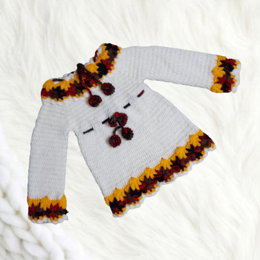 Hand Knitted Flower Pattern Design Pullover Dress - Cream