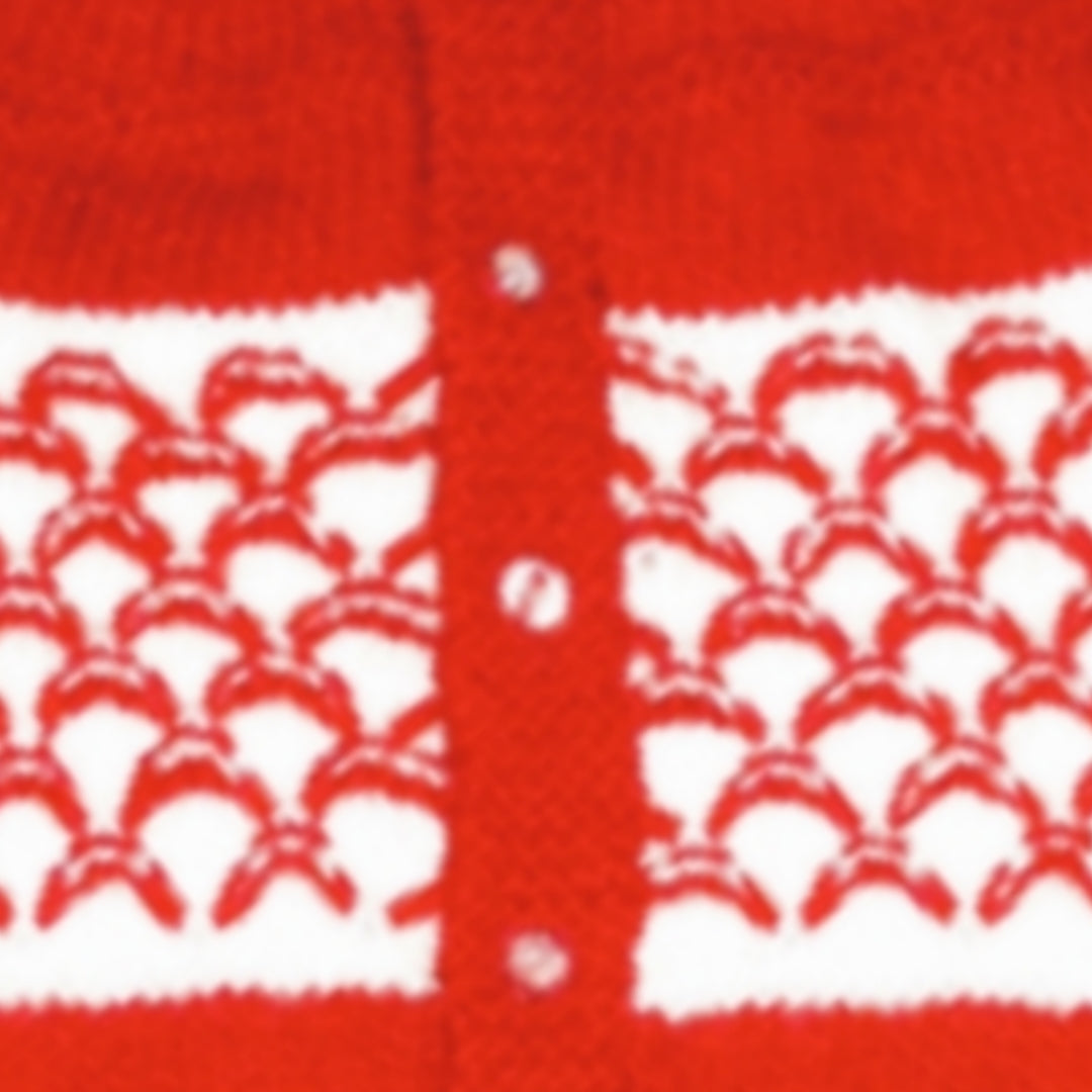 Knitted Self Design Sweater Set with Cap and Booties - Red and White
