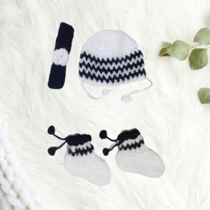 Woollen Party Frock for Baby Girl with Headband , Cap and Socks - White and Black